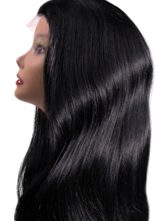Mannequin head with long black hair on a white background