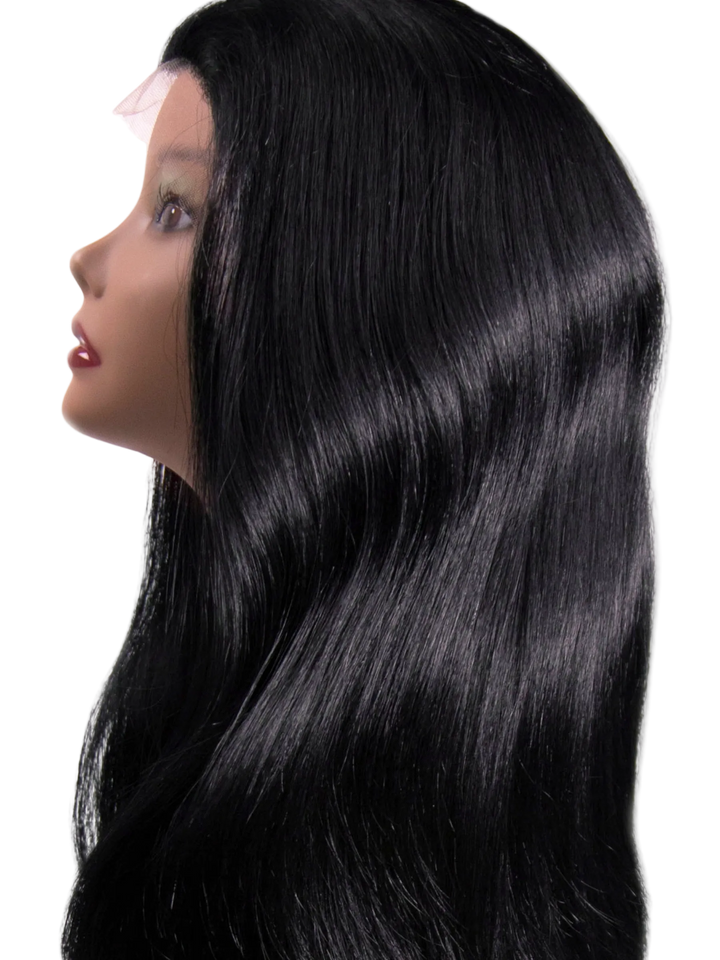 Mannequin head with long black hair on a white background